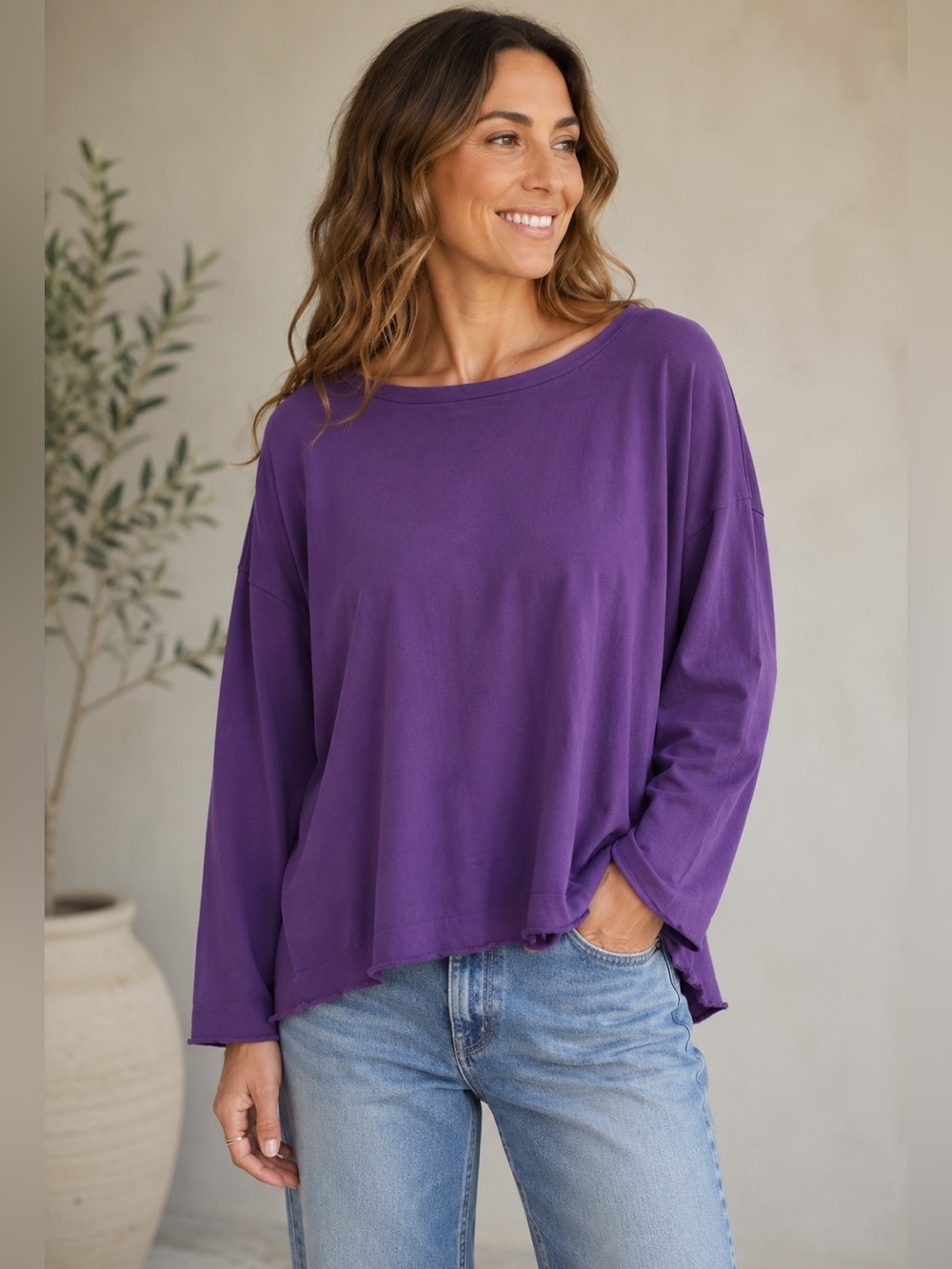 Planet by Lauren G Women’s One Size Prima Cotton Plum Long Sleeve Relaxed